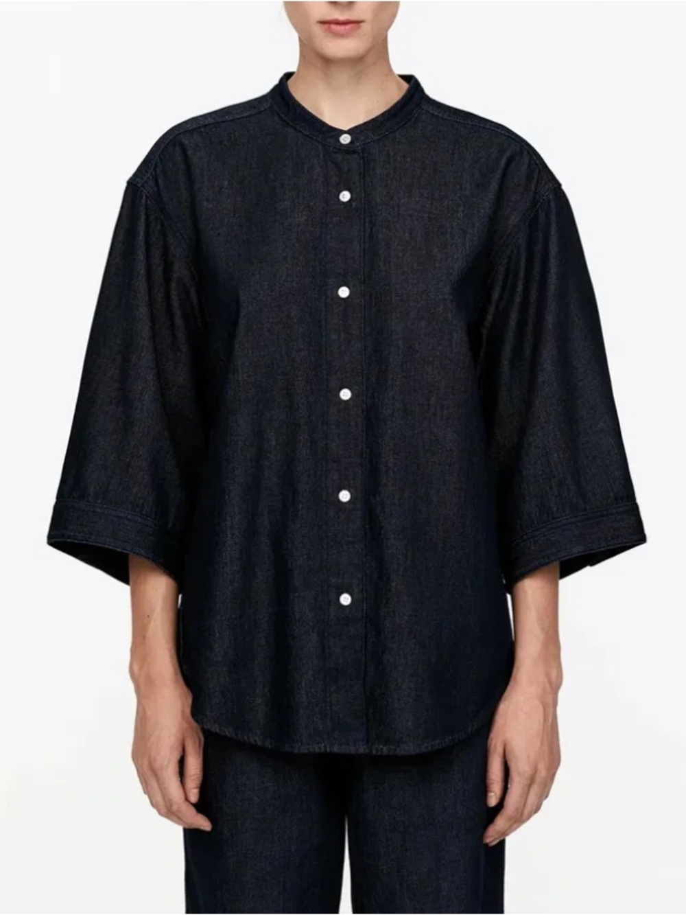 ARKET collarless 3/4 sleeve raw denim button up shirt - Picture 8 of 8